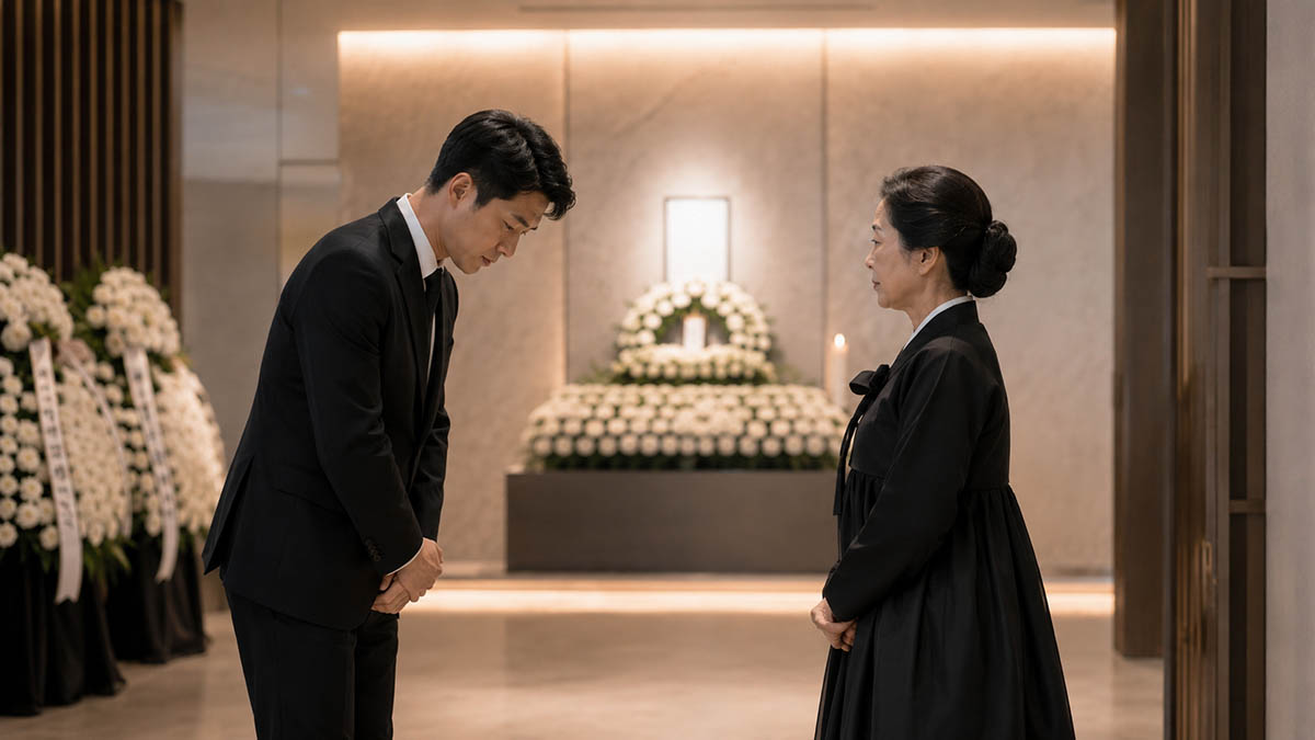 현대식 장례식장에서 유족에게 정중히 인사하는 조문객