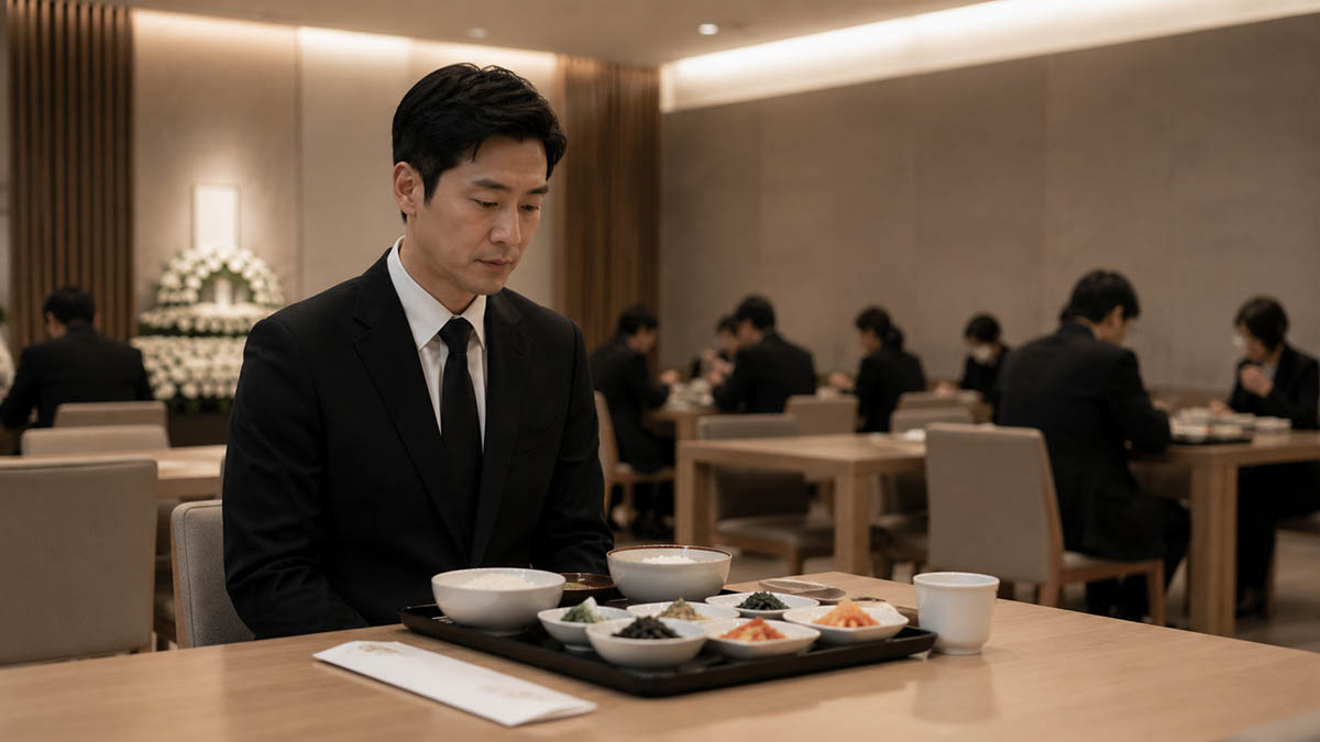 장례식장 접객실에서 조문객이 조용히 식사 자리에 앉아 있는 장면