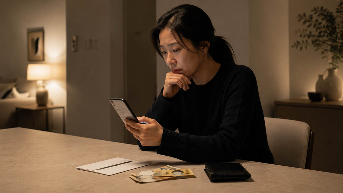 부고 문자를 확인한 뒤 부의금 금액을 고민하는 한국인 여성