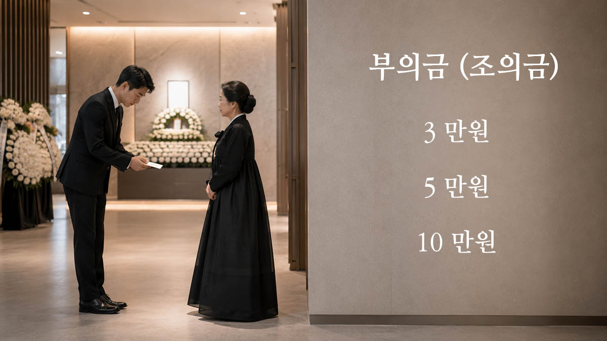 부의금 봉투와 흰 국화, 부고 문자가 놓인 조용한 장례 준비 장면