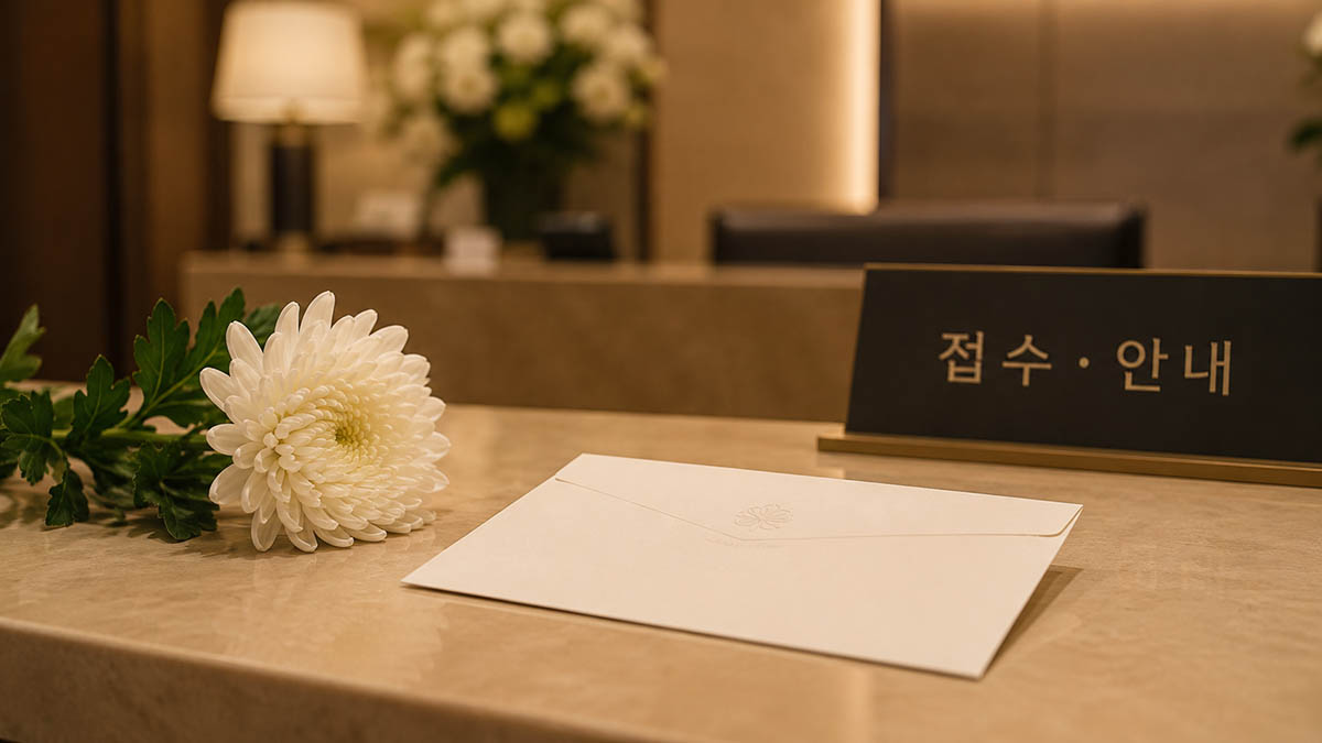 현대식 장례식장 접수대 위에 놓인 부의금 봉투와 흰 국화