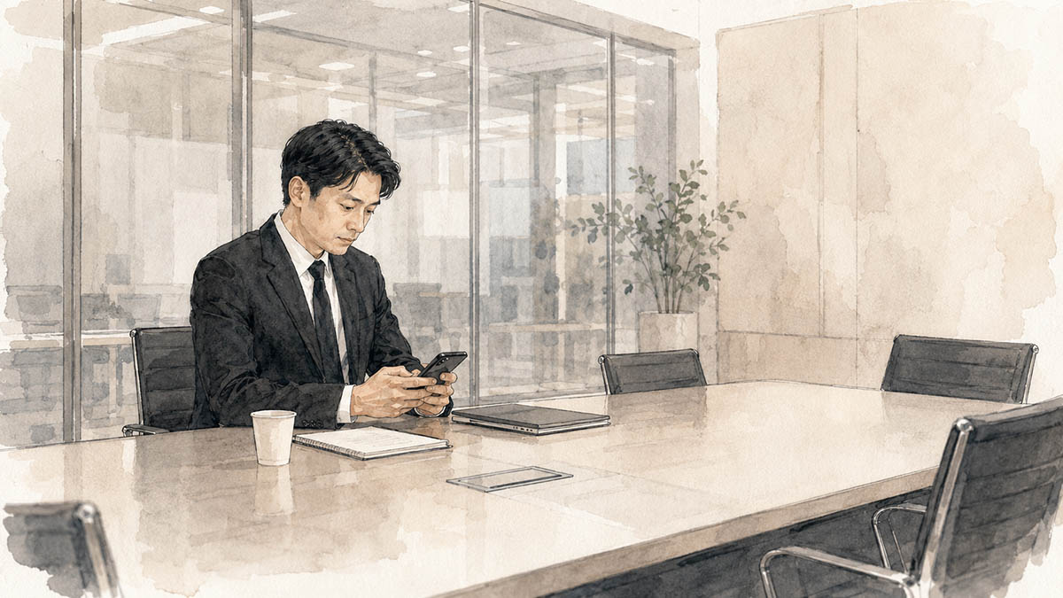 조용한 장례식장 복도에서 조문 문자를 보내기 전 휴대전화를 바라보는 검은 정장 차림의 조문객