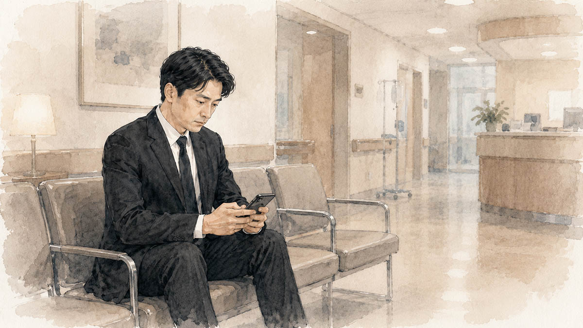 흰 국화와 조용한 휴대전화 화면이 놓인 차분한 장례식장 대기 공간