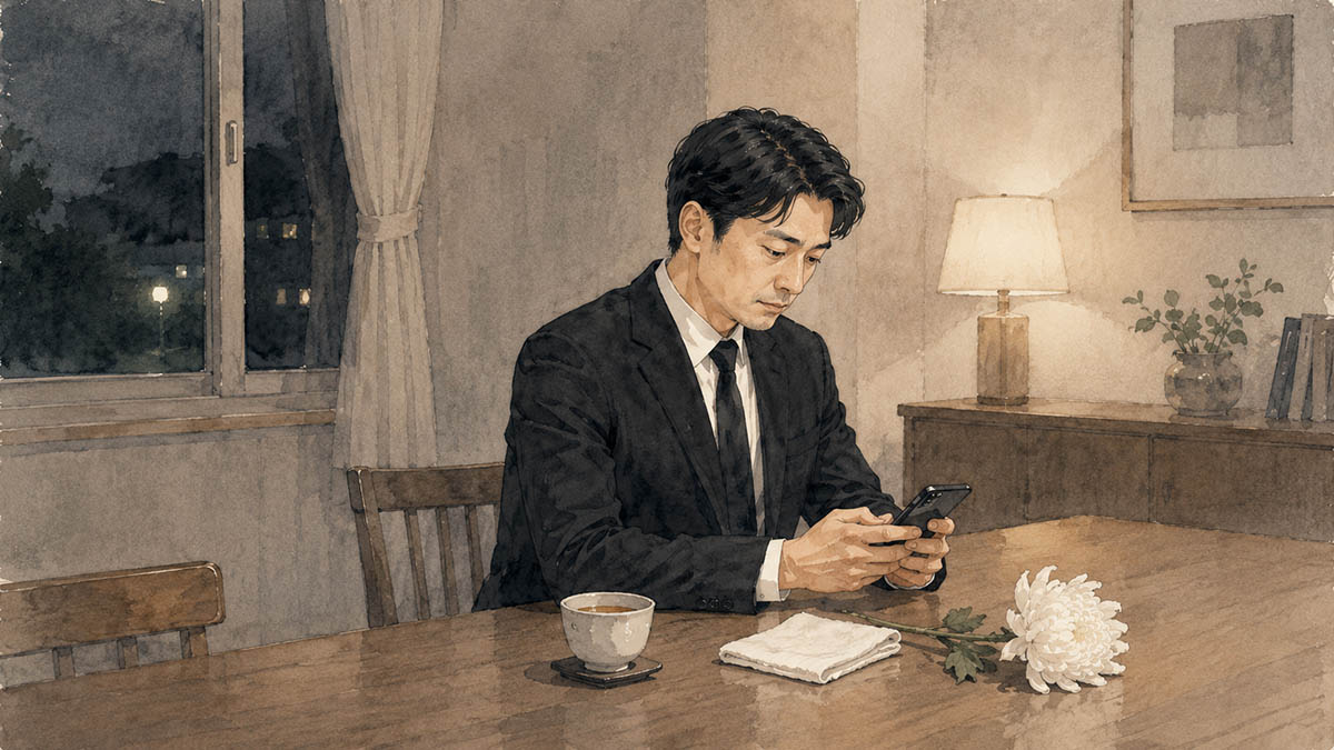 조용한 책상 위에 놓인 흰 국화와 휴대전화, 차분히 작성된 조문 문자 분위기