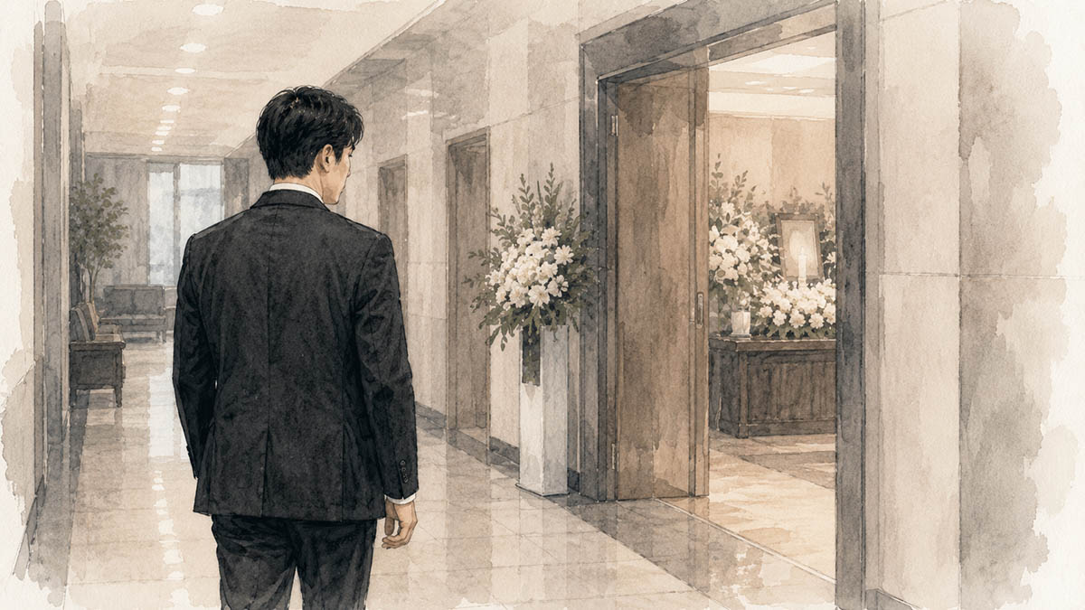 장례식장 복도 끝에서 조용히 걸어 나가는 검은 정장 차림의 조문객 뒷모습