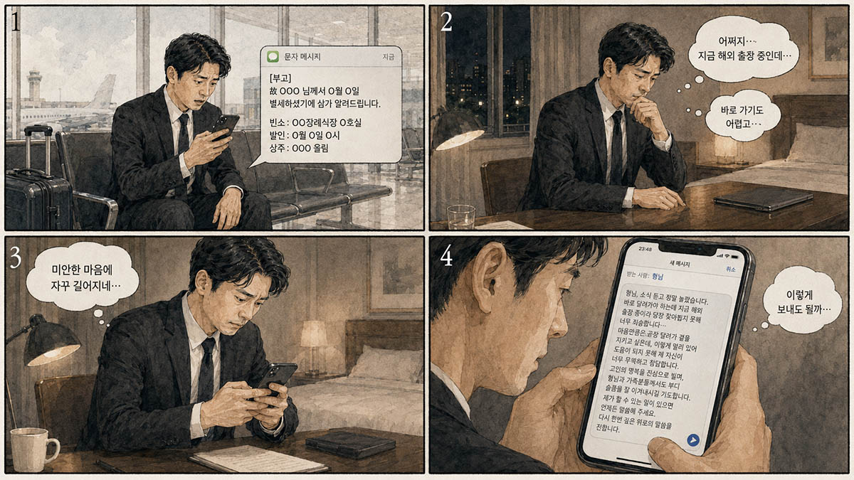 장례식에 가지 못한 사람이 긴 사정 설명을 문자로 쓰는 장면
