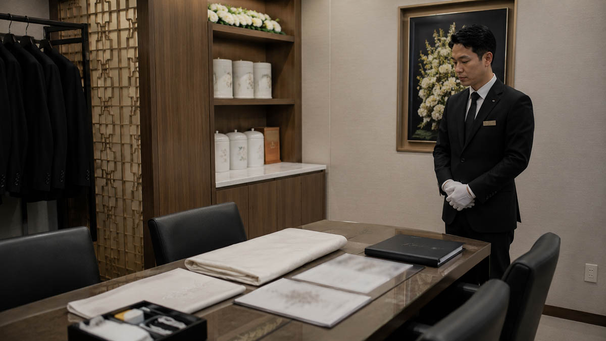 장례지도사가 수의와 장례용품이 놓인 상담 테이블 옆에 정중히 서 있는 모습