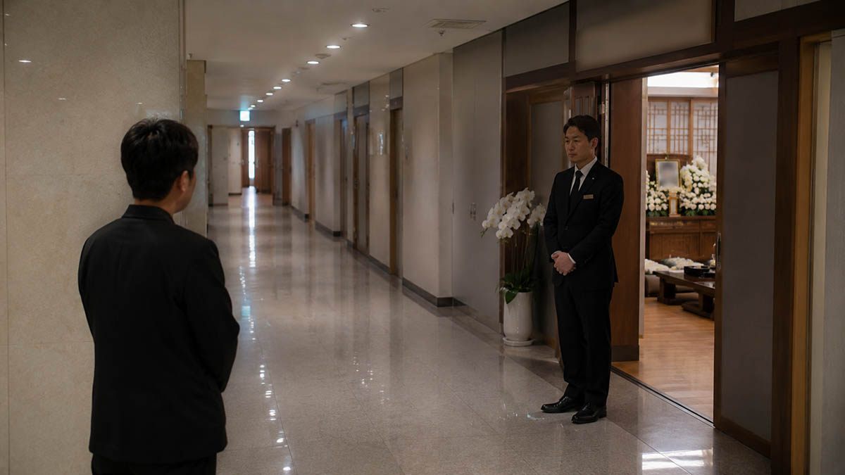 한국 장례식장 복도에서 유족과 장례지도사가 정중한 거리로 서 있는 모습