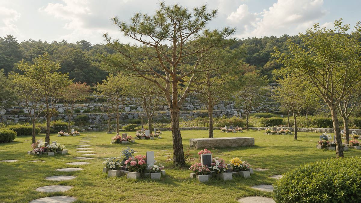 정돈된 잔디와 소나무형 추모목이 있는 한국 수목장 전경