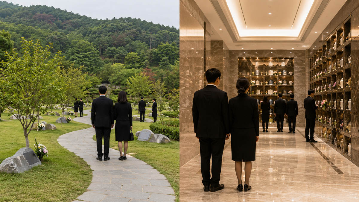 수목장 자연장 공간과 현대식 봉안당 내부를 비교하는 실사형 구성 이미지