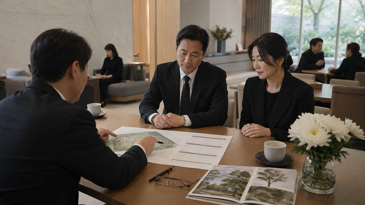 수목장 비용과 사용기간을 상담하는 테이블 위 안내서와 서류