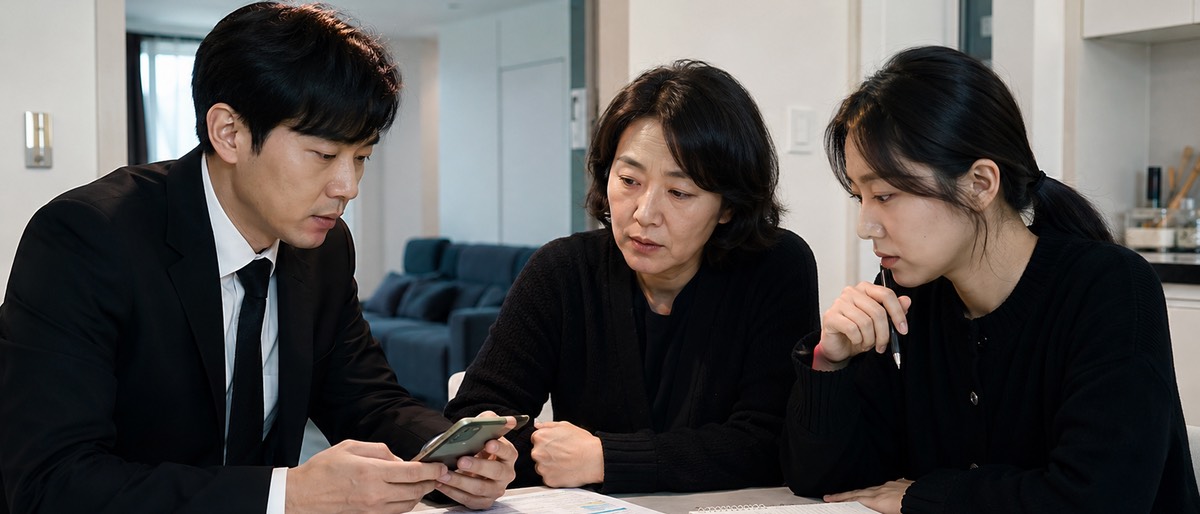 가족과 장례지도사가 고인의 휴대폰과 상속 관련 서류를 함께 확인하는 장면