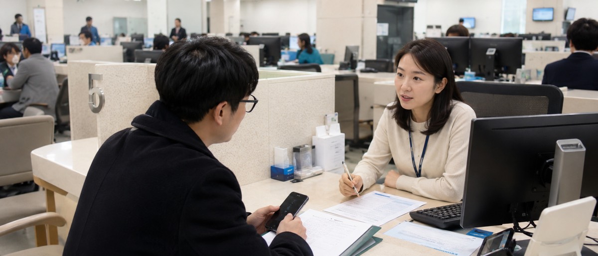은행 창구에서 고인의 계좌 조회와 상속 관련 서류를 확인하는 장면