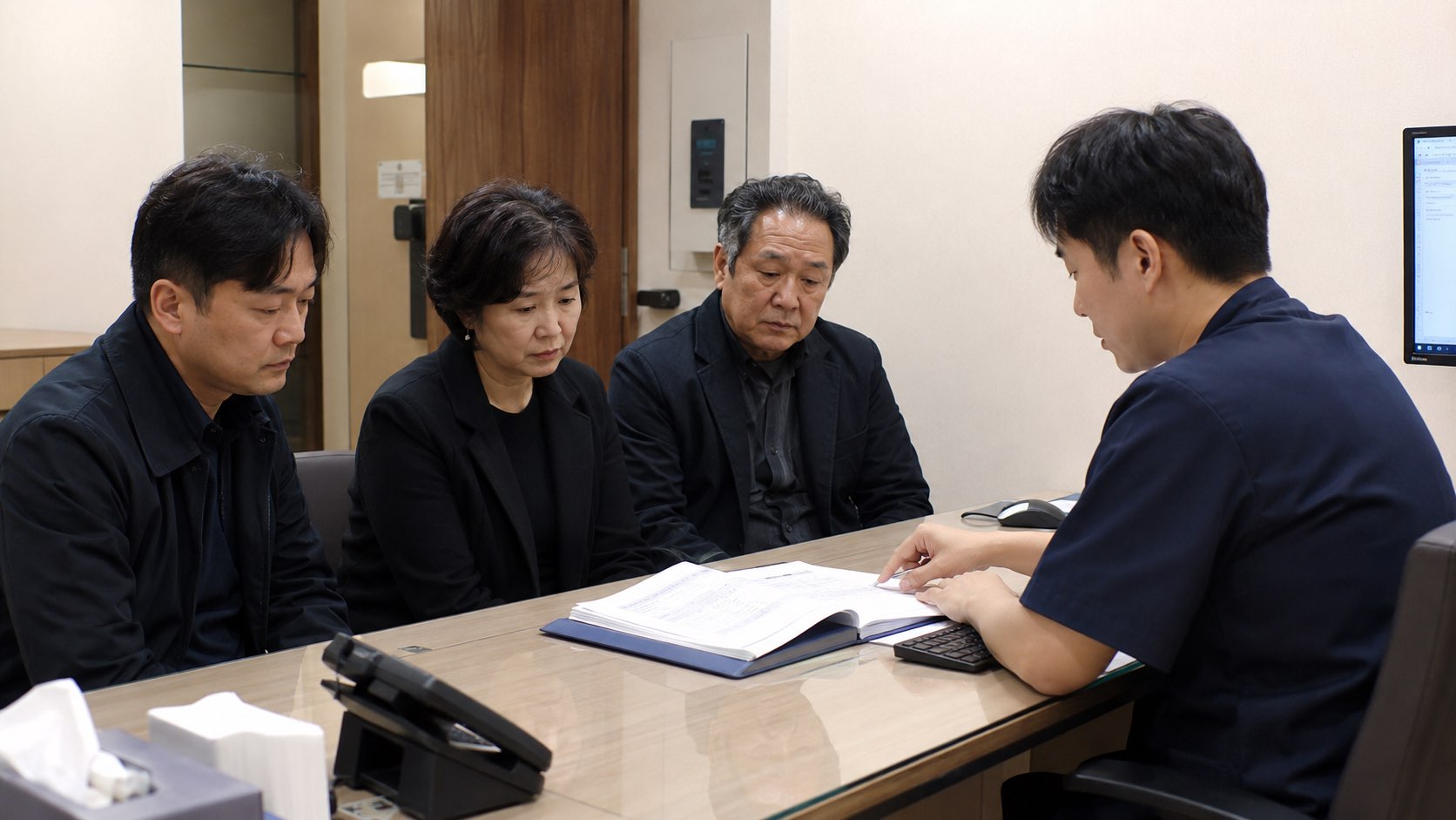병원 상담실에서 가족이 의료진에게 장례 관련 서류 절차를 안내받는 모습