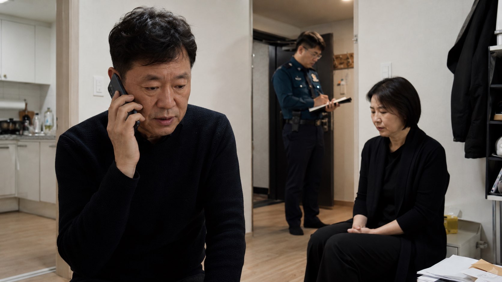 자택에서 가족이 전화로 신고하고 경찰이 현장을 확인하는 차분한 모습