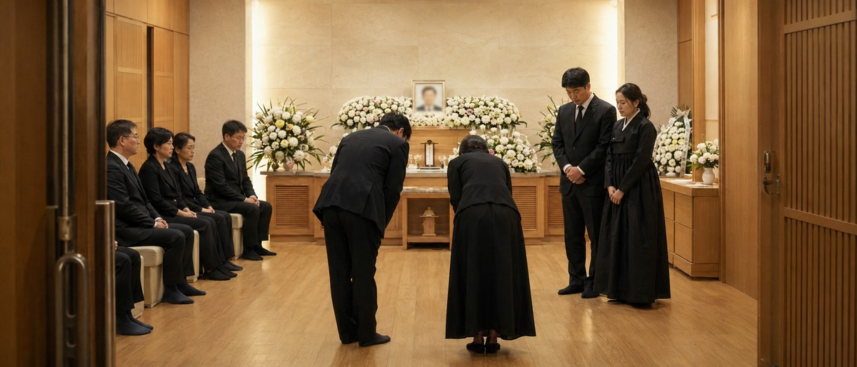 현대 한국 장례식장 빈소에서 조문객이 인사하고 상주 가족이 조문을 받는 모습