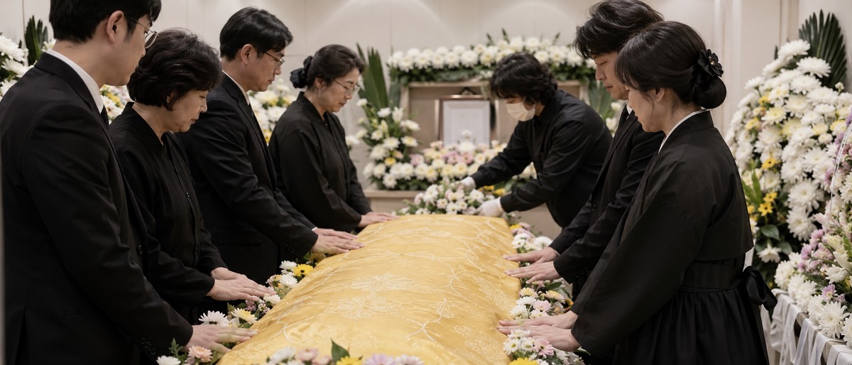 입관을 앞두고 노란 관보가 덮인 관 주변에서 가족들이 조용히 마지막 인사를 준비하는 모습