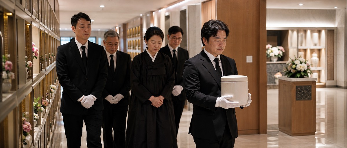 봉안당 복도에서 유골함을 조심스럽게 들고 이동하는 가족의 모습