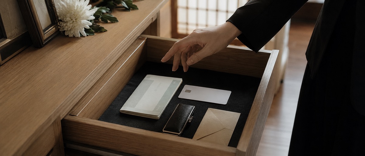 고인 계좌와 체크카드를 사용하지 않고 보관하는 상속재산 정리 장면