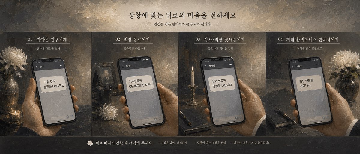 친구, 직장동료, 상사, 거래처별 조문 문자를 나눠 보여주는 이미지