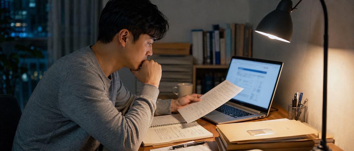 저녁 책상에서 노트북과 서류를 보며 상속 자료를 확인하는 남성