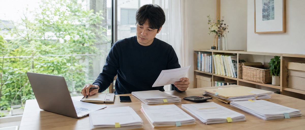 밝은 홈오피스에서 상속 관련 서류를 항목별로 정리하는 남성