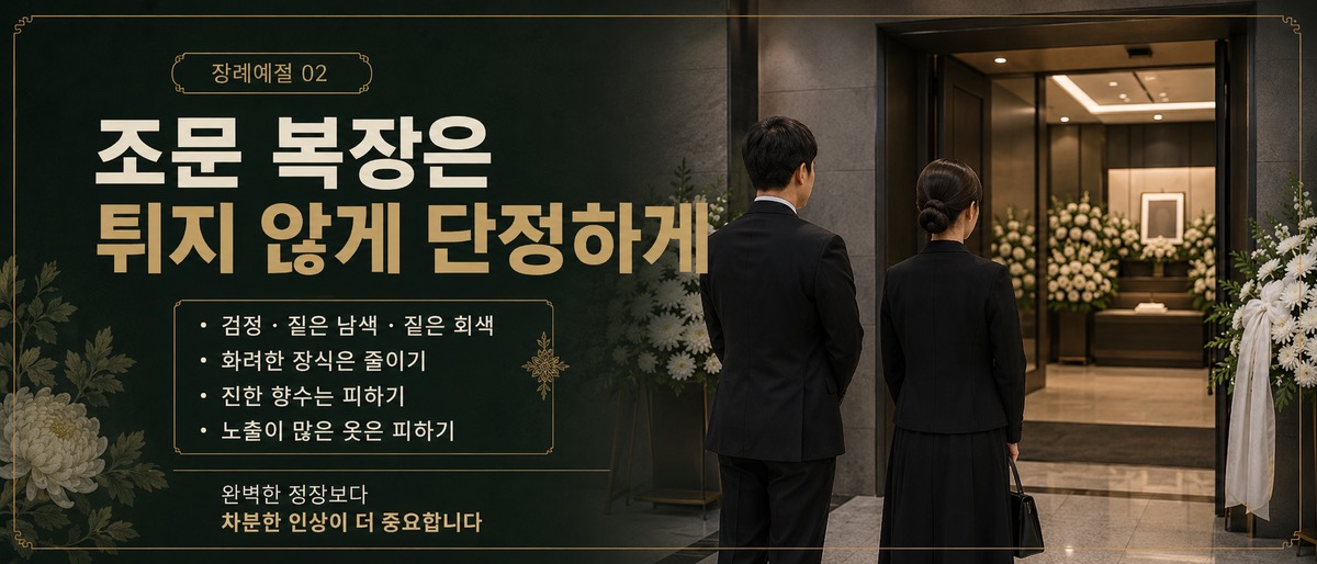 어두운 정장 차림의 남녀 조문객이 장례식장 앞에서 복장 예절을 확인하는 인포그래픽
