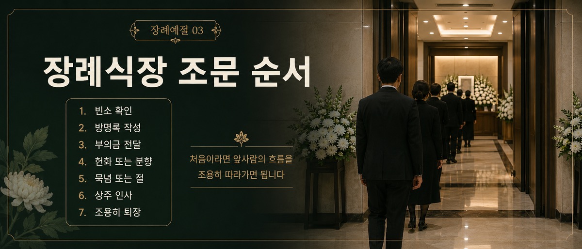 장례식장 조문 순서를 빈소 확인부터 퇴장까지 일곱 단계로 정리한 인포그래픽