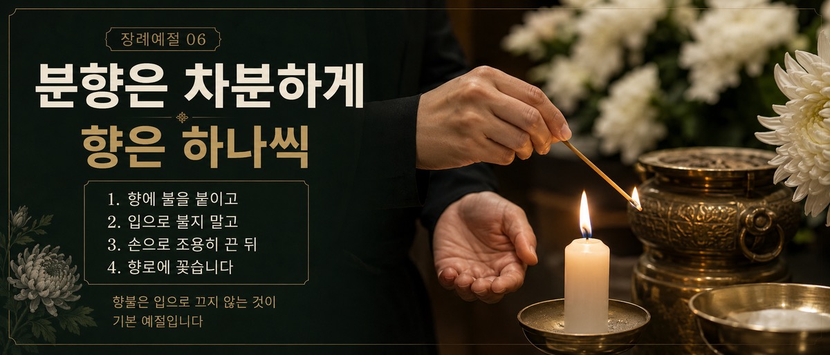 장례식장에서 향에 불을 붙이고 입으로 불지 않는 분향 방법을 설명한 인포그래픽