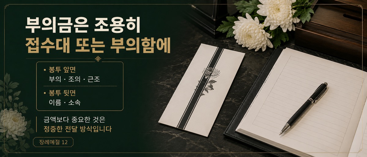 부의금 봉투와 방명록을 접수대 또는 부의함에 조용히 전달하는 방법을 설명한 인포그래픽