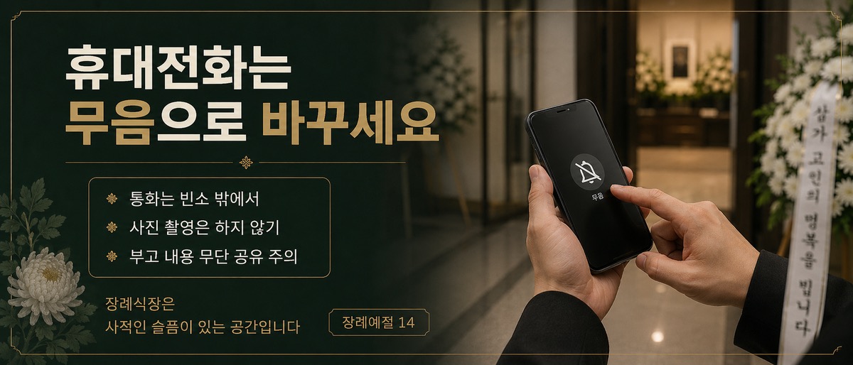 장례식장 입장 전 휴대전화를 무음으로 설정하는 손과 장례식장 복도 인포그래픽