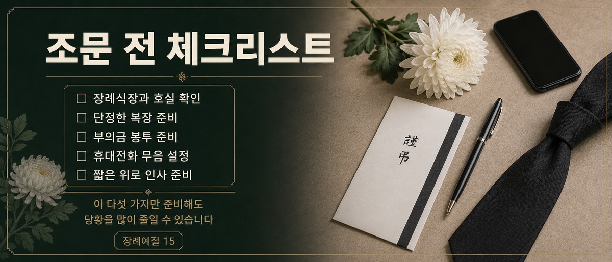 장례식장과 호실 확인 복장 부의금 휴대전화 무음 위로 인사를 정리한 조문 전 체크리스트 인포그래픽