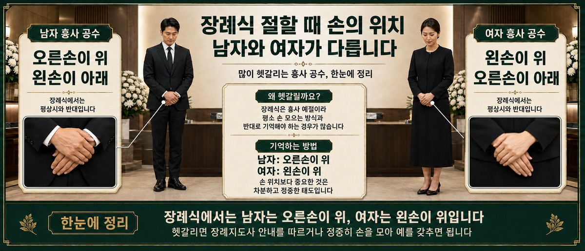 장례식에서 절할 때 남자는 오른손을 위에 두고 여자는 왼손을 위에 두는 흉사 공수 차이 인포그래픽