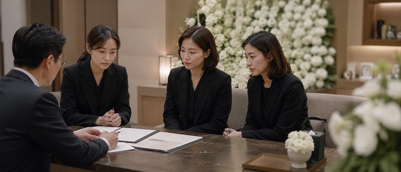 장례지도사와 상주 표기와 장례 절차를 상담하는 세 자매