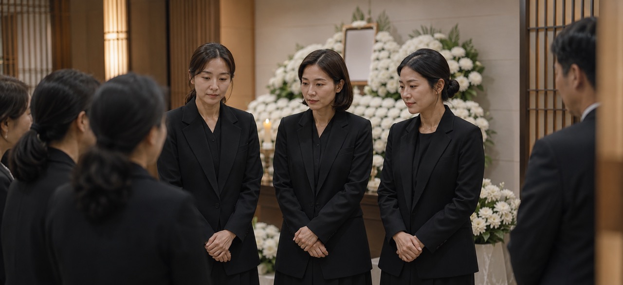 세 자매가 공동상주로 빈소에서 조문객을 맞는 모습