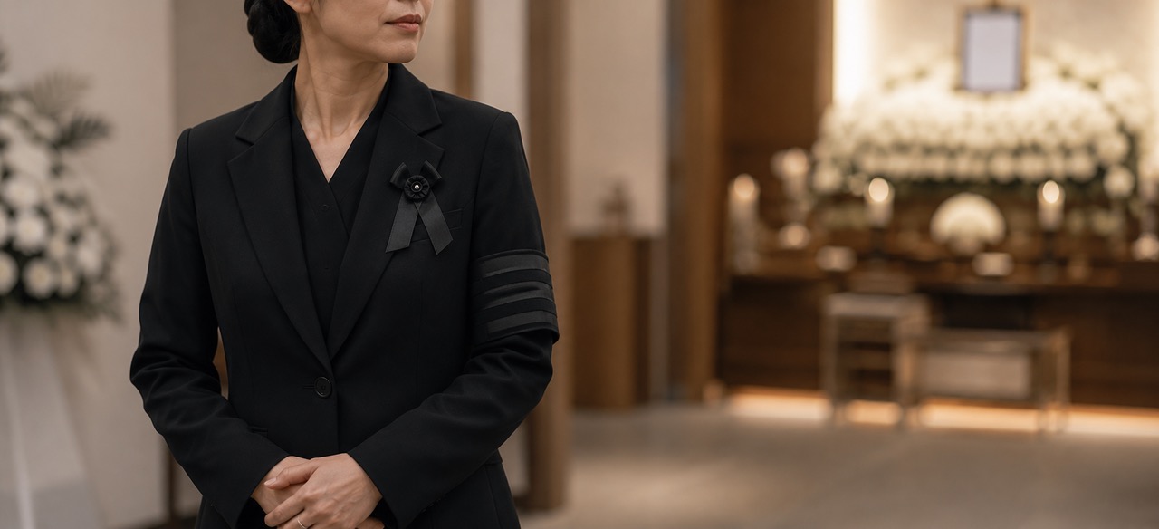 검은 정장을 입고 상주 완장과 리본을 착용한 여성 유족