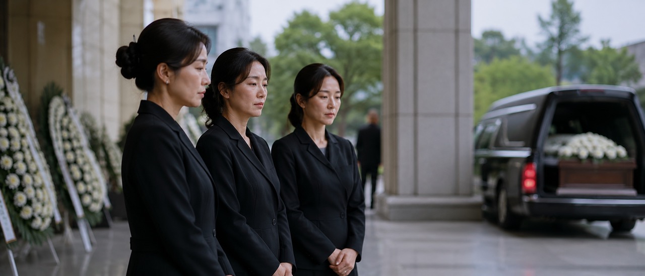 발인 전 장례식장 앞에서 운구차를 바라보며 함께 서 있는 세 자매