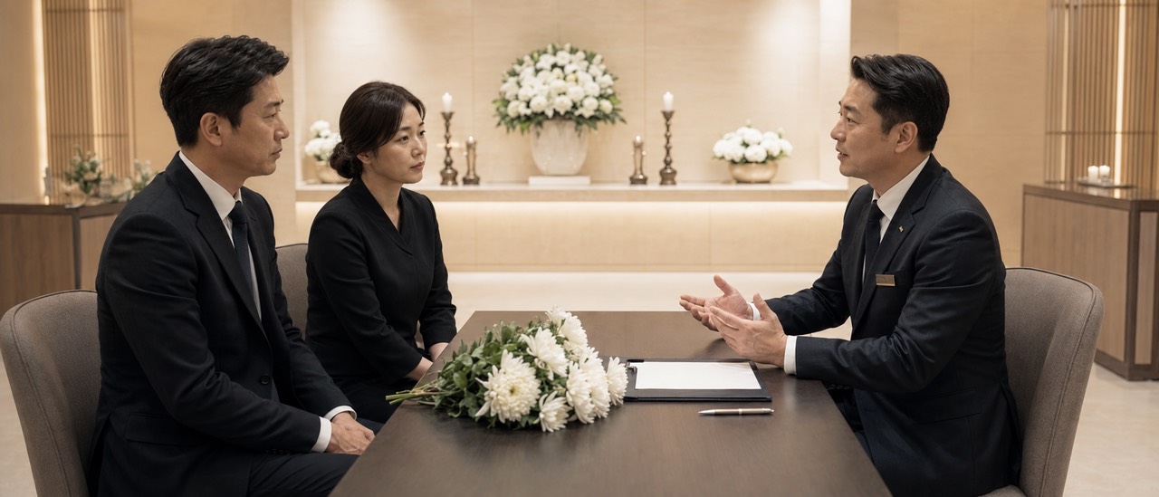 한국 장례식장 상담실에서 두 유족에게 절차를 차분히 설명하는 장례지도사