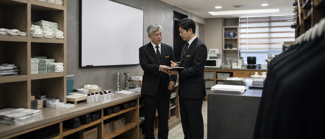 장례 준비실에서 선임과 함께 일정표와 의전 물품을 확인하는 장례지도사