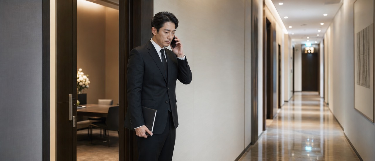 장례식장 상담실 밖 복도에서 본사와 통화하며 고객 문제를 확인하는 장례지도사