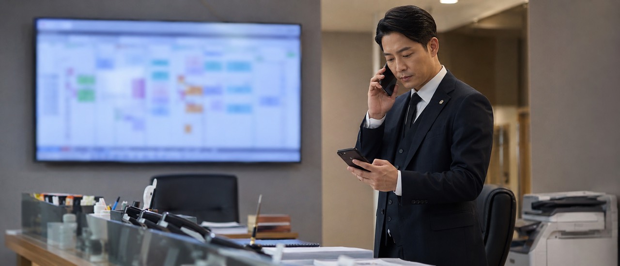 장례 운영 사무실에서 다음 배정 연락을 확인하는 한국인 장례지도사