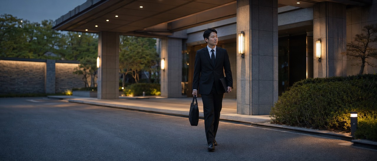 야간 업무를 마친 뒤 장례식장 밖으로 걸어 나오는 한국인 장례지도사